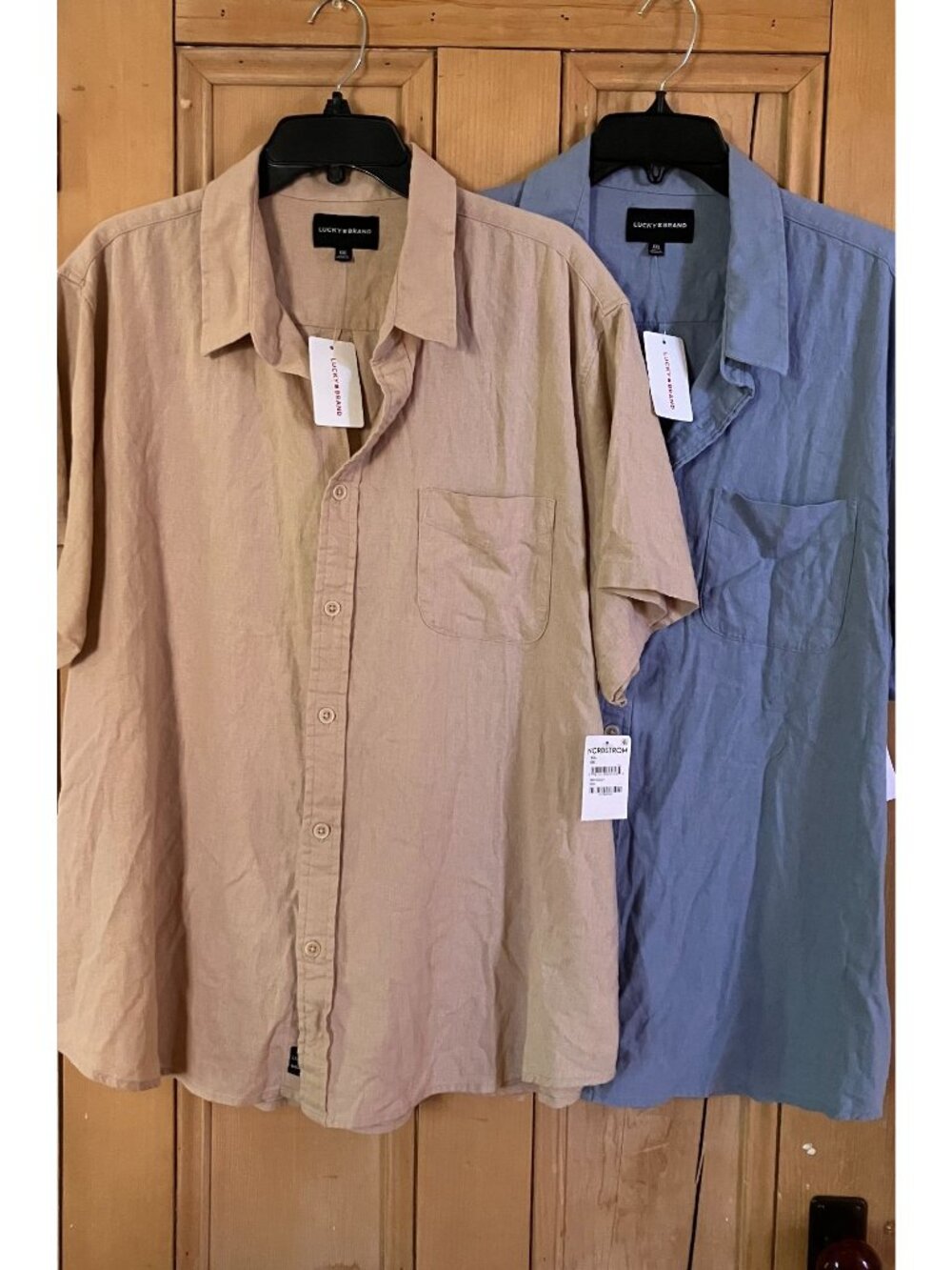 Lucky Brand Mens 2 SET Linen Short Sleeve Pocket Shirt Sz. XXL Beige Blue SP NWT